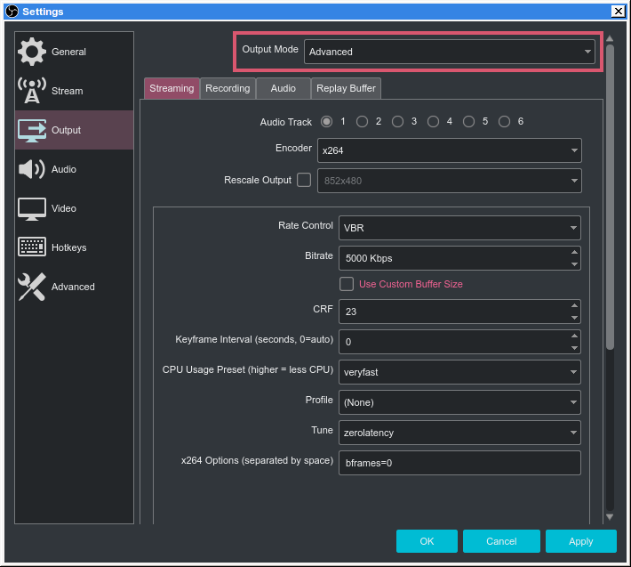 The "advanced" stream settings in OBS